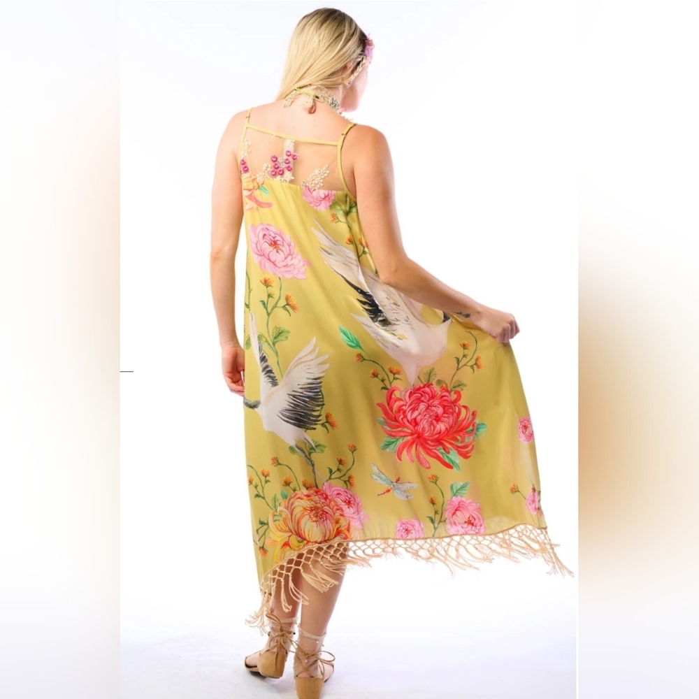 NWT ARATTA Legend of the Crane 100% Viscose Yellow Pink Floral Size XL - Picture 2 of 10